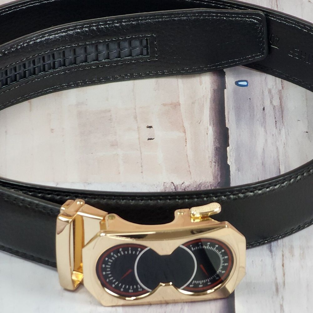 Leather Ratchet Belt Mens XL‎ 40" Automatic Buckle Race Car Gauge Cluster Black